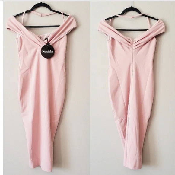 NOOKIE: Athena Off Shoulder Light Pink Midi Dress (NWT) - Picture 7 of 8